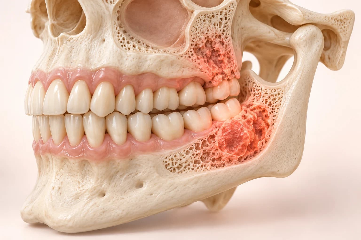 Conceptual illustration of the jaw complex with an area of bone involvement highlighted