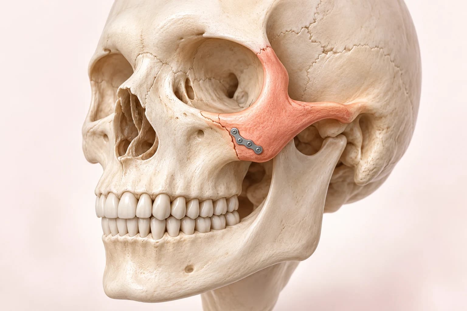 Conceptual facial skeleton model highlighting cheekbone fracture repair