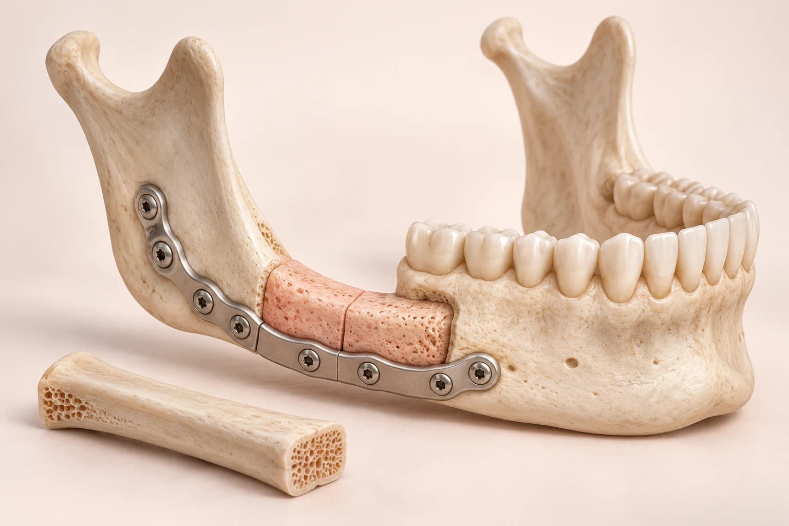 Conceptual jaw reconstruction model showing a bone graft and a curved reconstruction plate