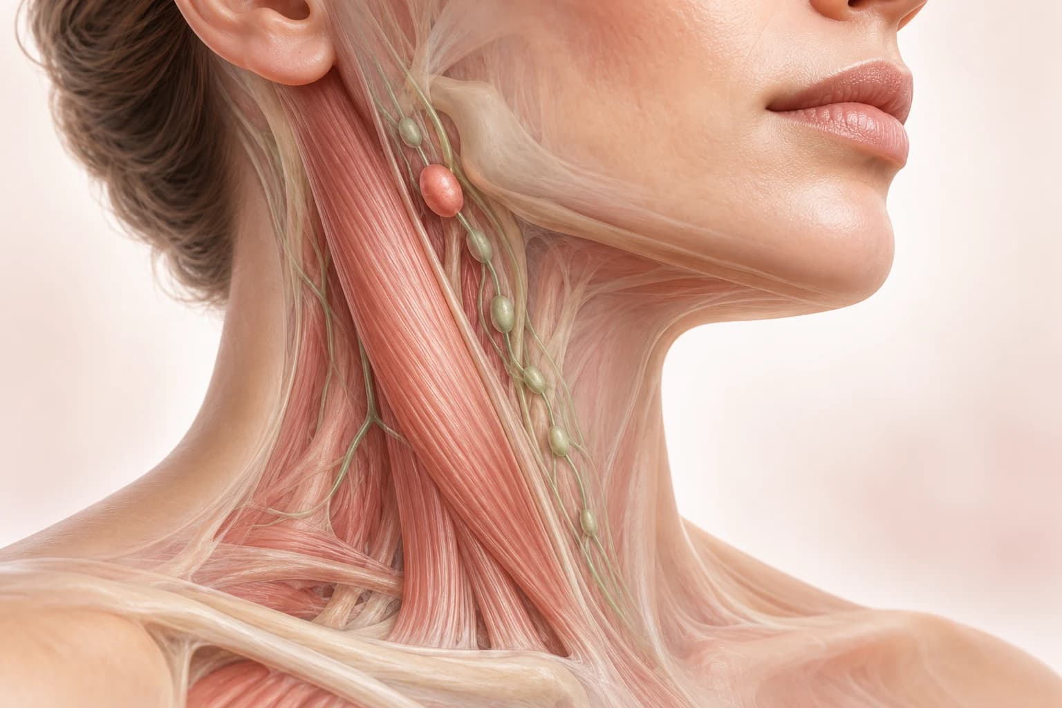 Conceptual illustration of neck lymph nodes with one enlarged node highlighted